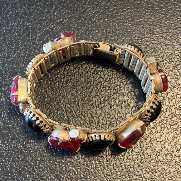 VTG Ruby Red & Smoky Gray Glass Cabochon Link Bracelet Gold Tone Art Deco Style - Picture 7 of 15